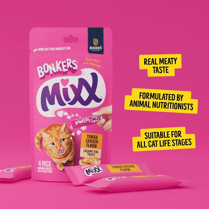 BONKERS™ Licky Tubes™, gâteries crémeuses pour chat à saveur de poulet, 4 tubes Emballage de 4 gâteries à saveur de poulet