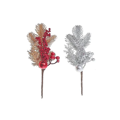 Christmas Berries And Ornament With Pine Leaves Pick  - Set of 6
