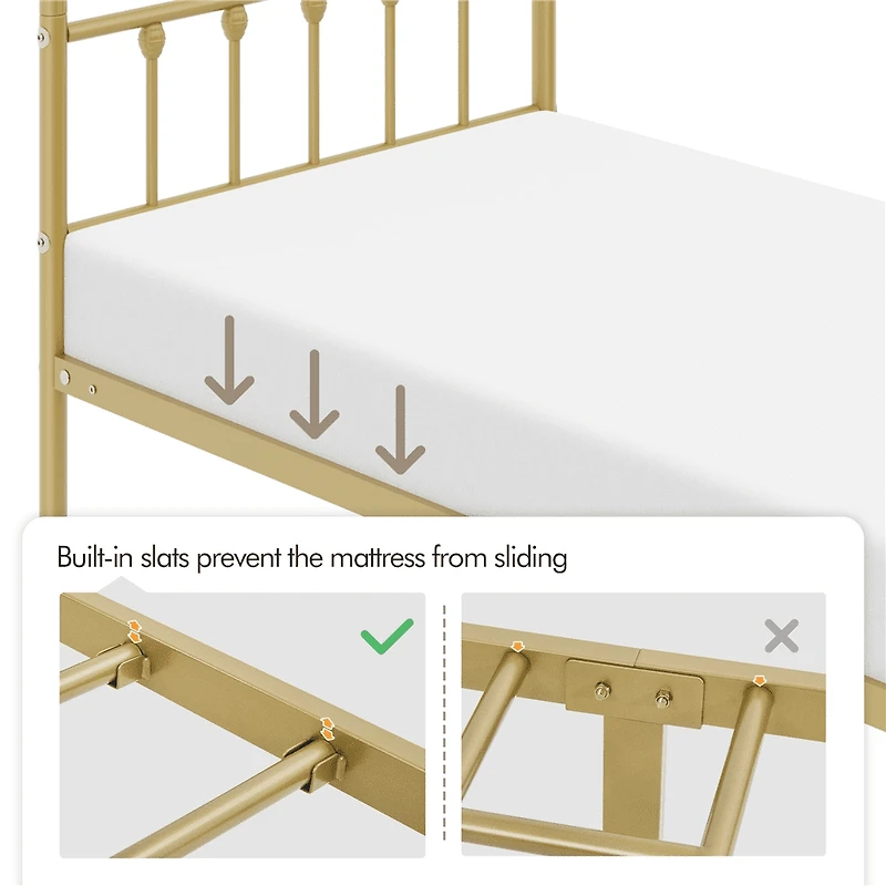 Fullfurnique Metal Platform Bed with High Headboard and Footboard for Adults, Twin, Antique Gold