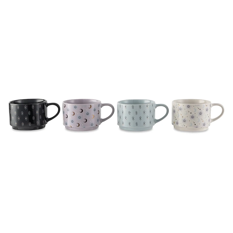 Thyme & Table 11.1 fl oz Assorted Celestial Stoneware Stacking Mugs with Wire Rack, Set of 4
