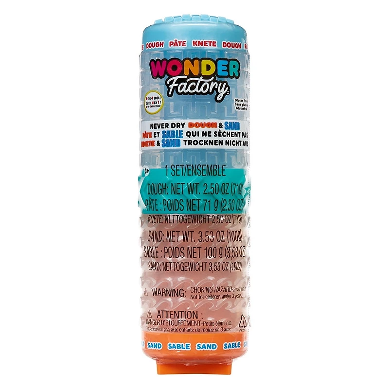 Lot initial de pâte et sable jamais secs Wonder Factory - pâte bleu clair + sable orange - ne sèche jamais, est sans gluten
