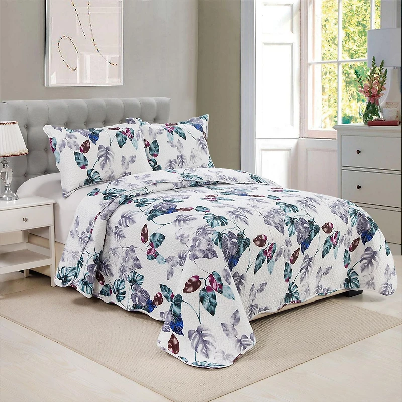 Marina Decoration Rich Printed Embossed Pinsonic Coverlet Bedset Couvre-lit Ultra Doux Literie Été Quilt Ensemble avec Taies d'oreiller, Motif de Feuilles Vertes Modernes