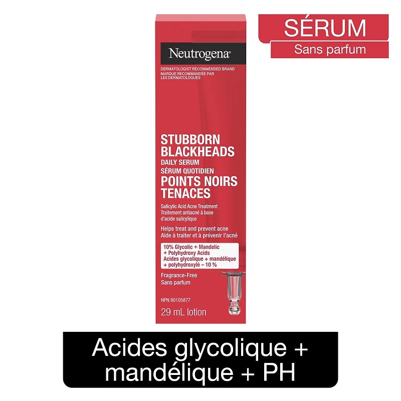 Sérum quotidien Points noirs tenaces Neutrogena, traitement antiacné à base d'AAH, d'acide salicylique, et d'acides glycolique + mandélique + polyhydroxylé, Sans parfum 29 ml