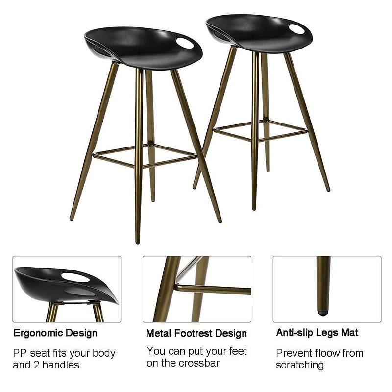 Modern Bar Stools Set of 2, Counter Height Bar Stools with Gold Legs and Footrest, Armless Bar Chairs Dining Chairs for Home Office Kitchen Island, Black