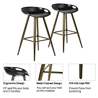 Modern Bar Stools Set of 2, Counter Height Bar Stools with Gold Legs and Footrest, Armless Bar Chairs Dining Chairs for Home Office Kitchen Island, Black
