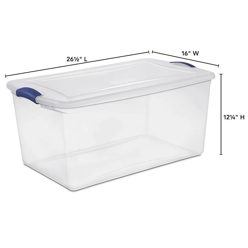 Sterilite 62 Liter Latch Box, Clear Plastic Storage Bin with Lid, Blue Latch, 6 Pk
