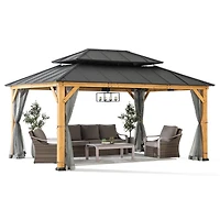 Sunjoy 12x16 ft. Wood Gazebo, Outdoor Patio Steel Hardtop Gazebo, Cedar Framed Wooden Gazebo with 2-tier Metal Roof