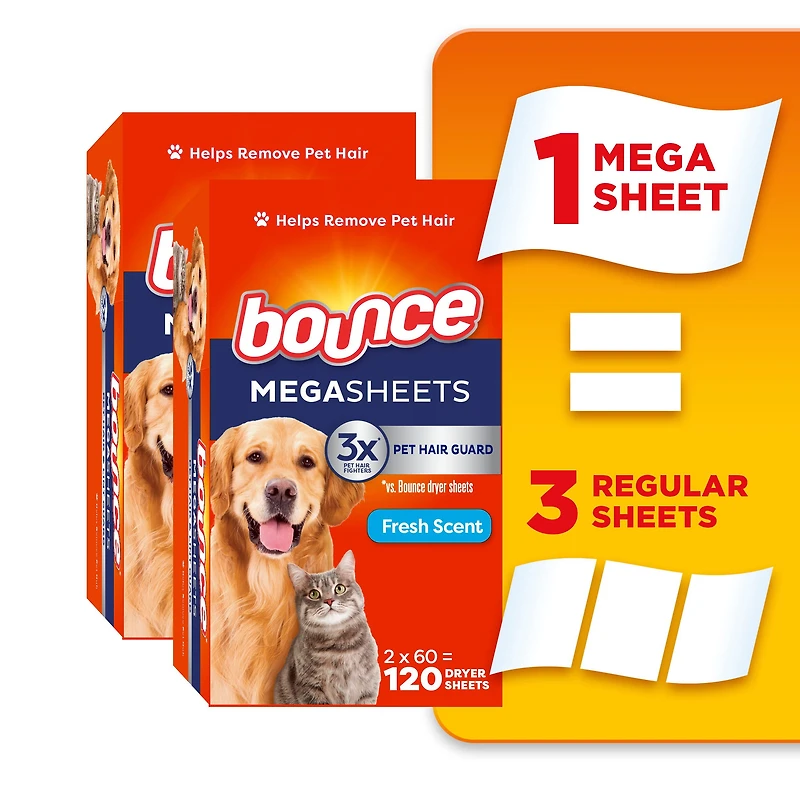 Feuilles assouplissantes méga Bounce Anti-poils d’animaux et anti-peluches avec 3 fois les anti-poils d’animaux, parfum Frais 120 feuilles
