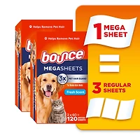 Feuilles assouplissantes méga Bounce Anti-poils d’animaux et anti-peluches avec 3 fois les anti-poils d’animaux, parfum Frais 120 feuilles