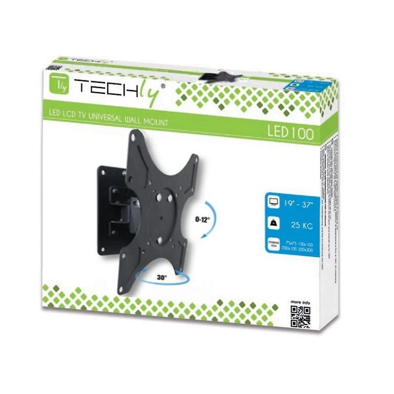 Techly Support mural pour téléviseur LCD/LED inclinable et pivotant de 19 à 37 pouces VESA jusqu'à 200x200 mm, Capacité de charge jusqu'à 25 kg, Noir