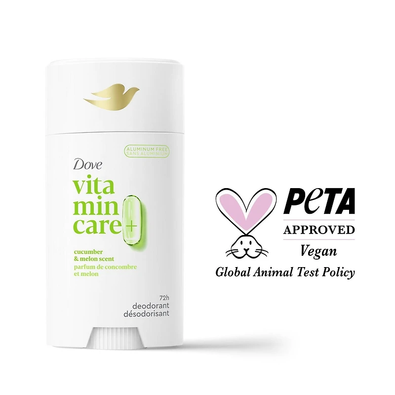 Dove Vitamin Care+ Cucumber & Melon Scent Aluminum-Free Deodorant Stick, 72h Breathable Odour Protection, 74g