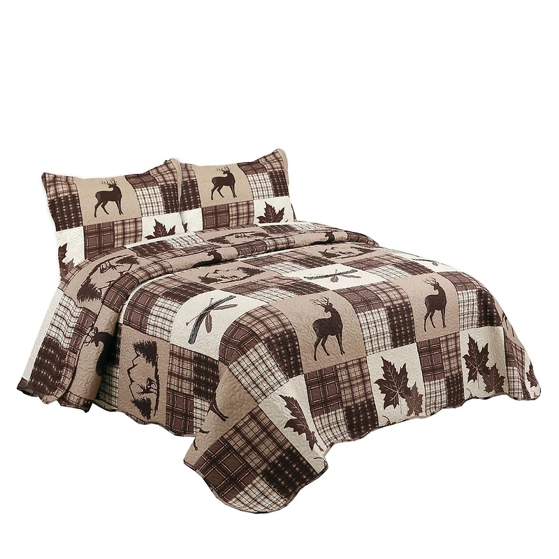 Marina Decoration Rich Printed Embossed Pinsonic Coverlet Bedspread Ultra Soft Bedding Summer Quilt Set with Shams, Brown Cabin Maple Deer Plaid Pattern