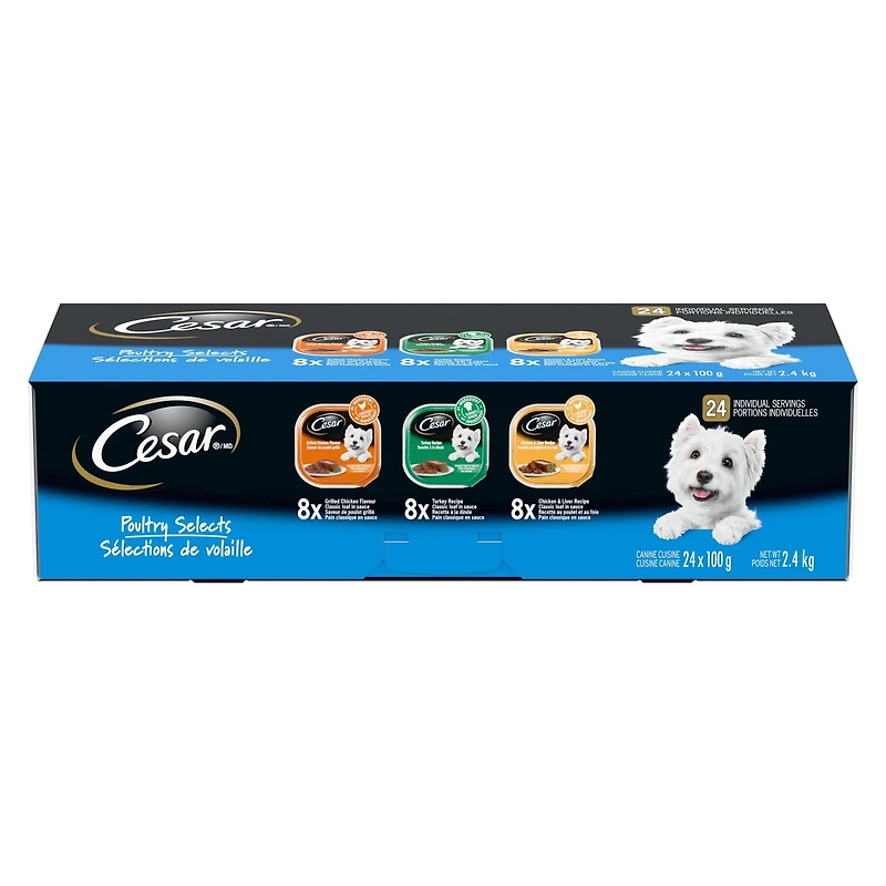 Nourriture humide pour chiens adultes CESAR pain classique en sauce Sélections de volaille - format variété 24x100g