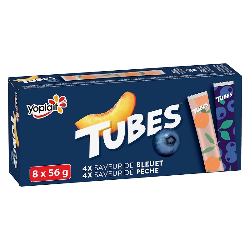 Yogourt en tube Yoplait 1 %, pêche et bleuet, collations au yogourt pour enfants, 56 g, 8 unités
