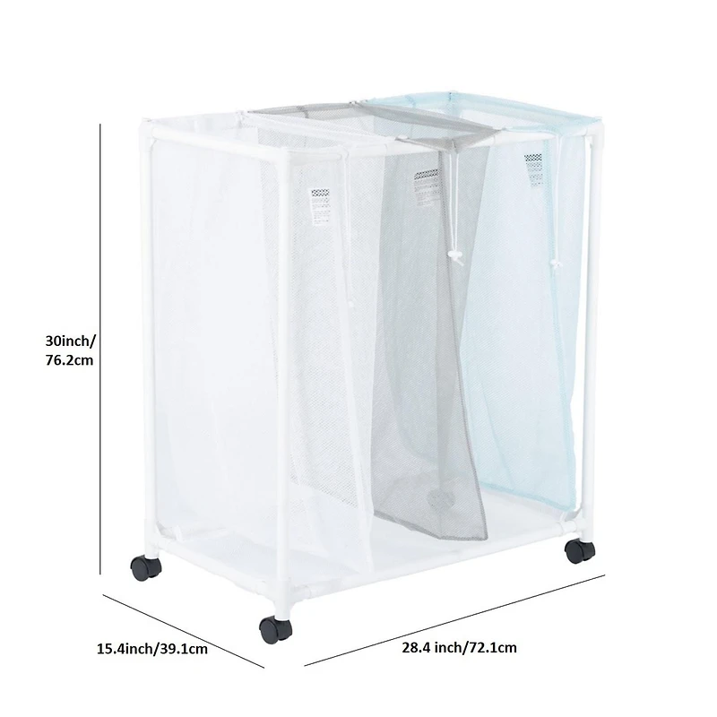 Mainstays 3 Bin Multiple Color Laundry Mesh Sorter for Adult, Rolling Cart for Laundry Room Closet Storage, 4 Wheels, Bags for Sorting Different Items