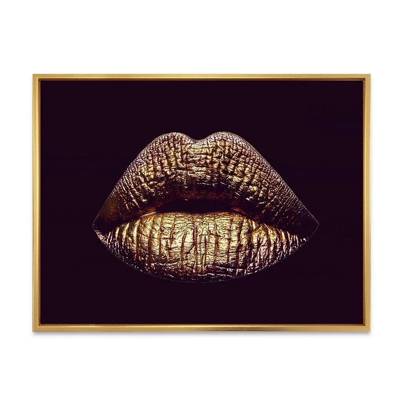 Designart Sexy Golden Metallized Female Lips II FLOAT FRAME WALL ART