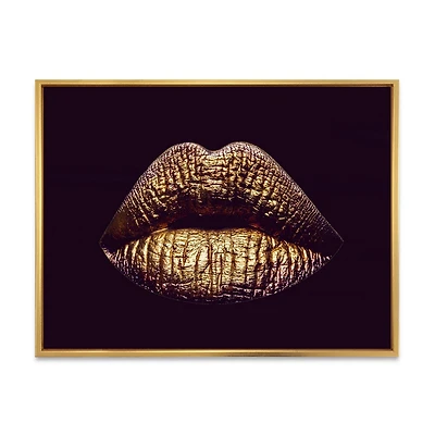 Designart Sexy Golden Metallized Female Lips II FLOAT FRAME WALL ART