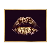 Designart Sexy Golden Metallized Female Lips II FLOAT FRAME WALL ART