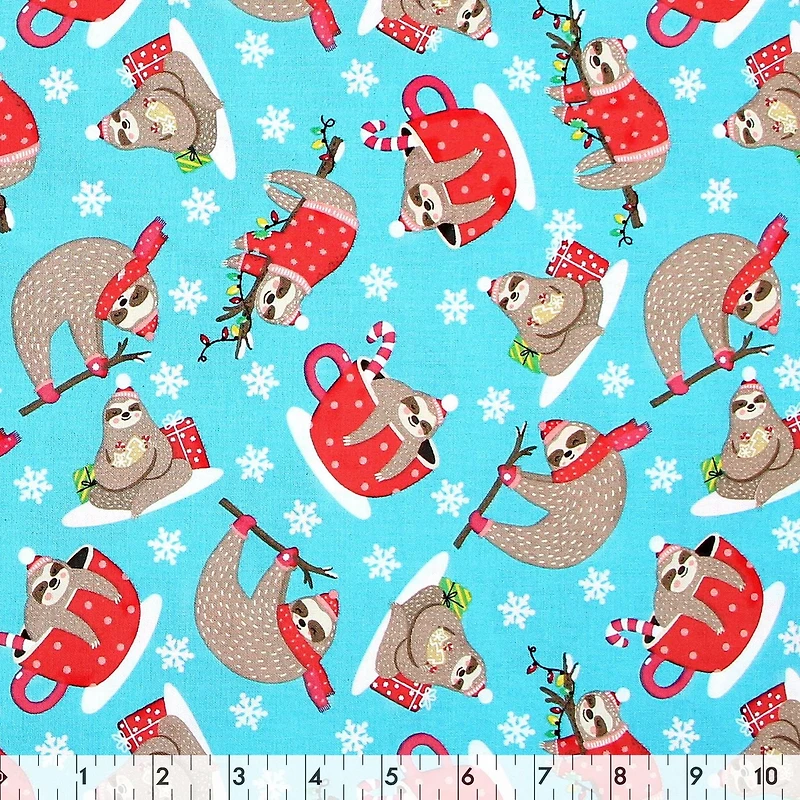 Fabric Creations Cotton by the Metre, Christmas Sloth Print — 107 cm (42") Wide