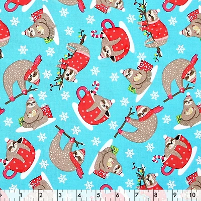Fabric Creations Cotton by the Metre, Christmas Sloth Print — 107 cm (42") Wide