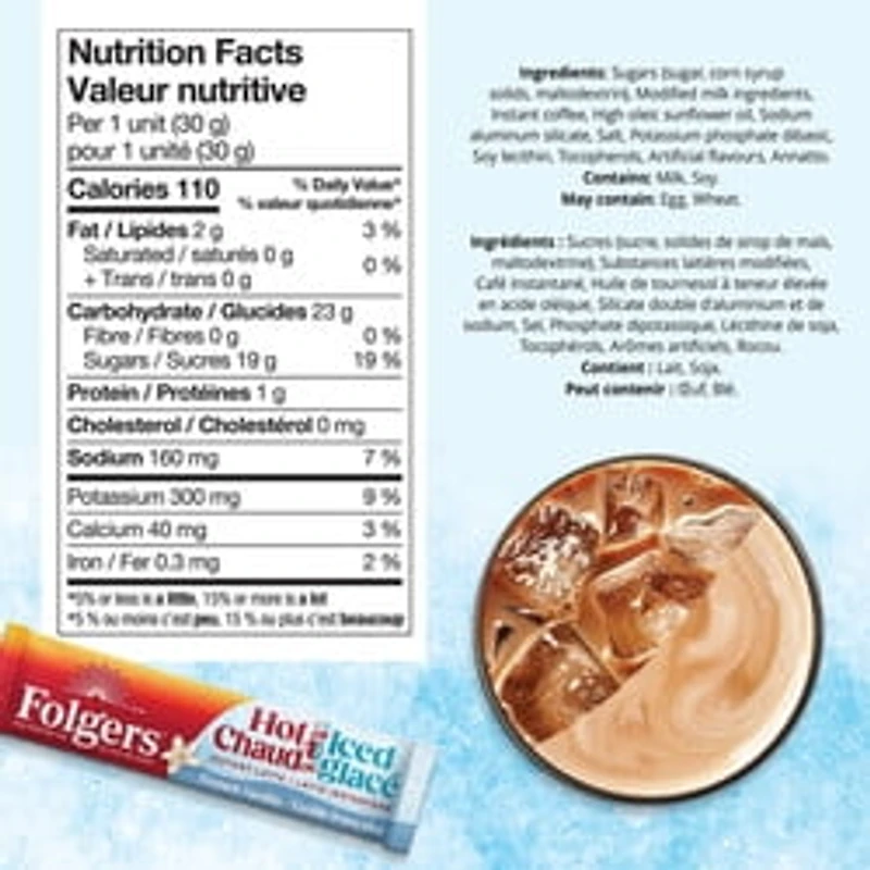 Folgers Hot Or Iced French Vanilla Instant Latte 4 Sachets 120g, 4 x 30g Sachets (Total 120g)