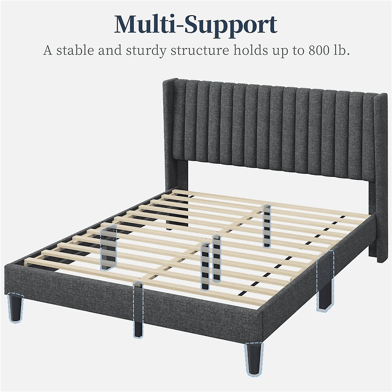 Fullfurnique Upholstered Bed Frame with Wing Side and Channel Headboard, Queen, Dark Gray