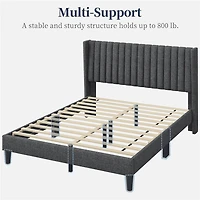 Fullfurnique Upholstered Bed Frame with Wing Side and Channel Headboard, Queen, Dark Gray
