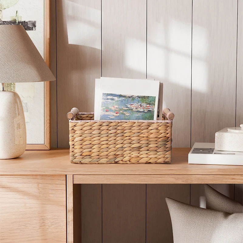 Zenna Home Woven Water Hyacinth Rectangular Decorative Storage Basket, Natural Finish