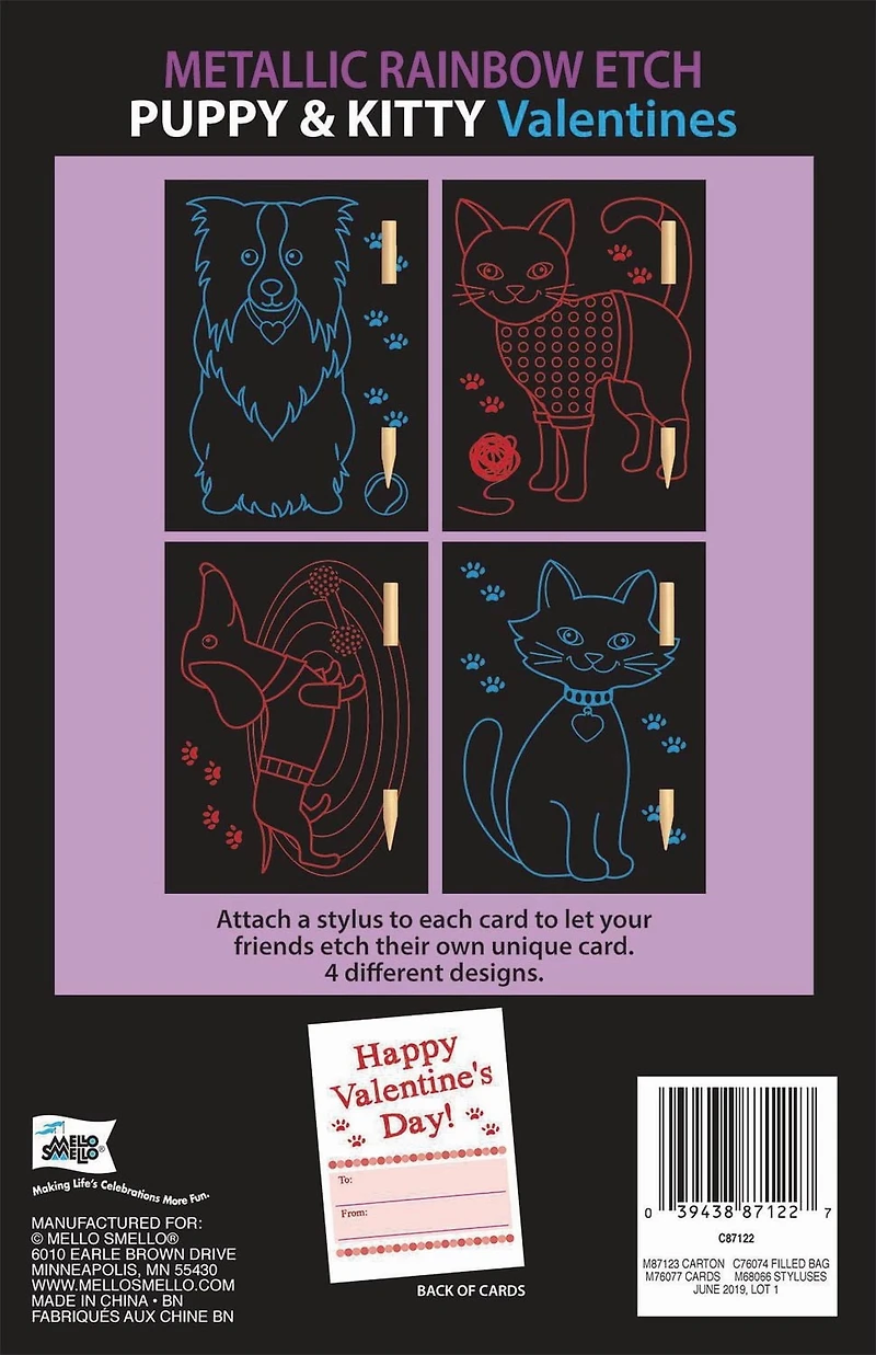 Mello Smello 16CT Rainbow Etch Metallic Puppy & Kitty Valentines Kiddie Cards