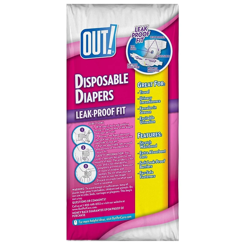 OUT! Medium/Large Comfort-Dri Disposable Dog Diapers, M/L, 14 Diapers