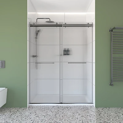 60" x 32" Kit de douche coulissante en alcôve chrome – Portes à double contournement sans cadre avec verre trempé cannelé 6 mm, installation réversible & base SMC