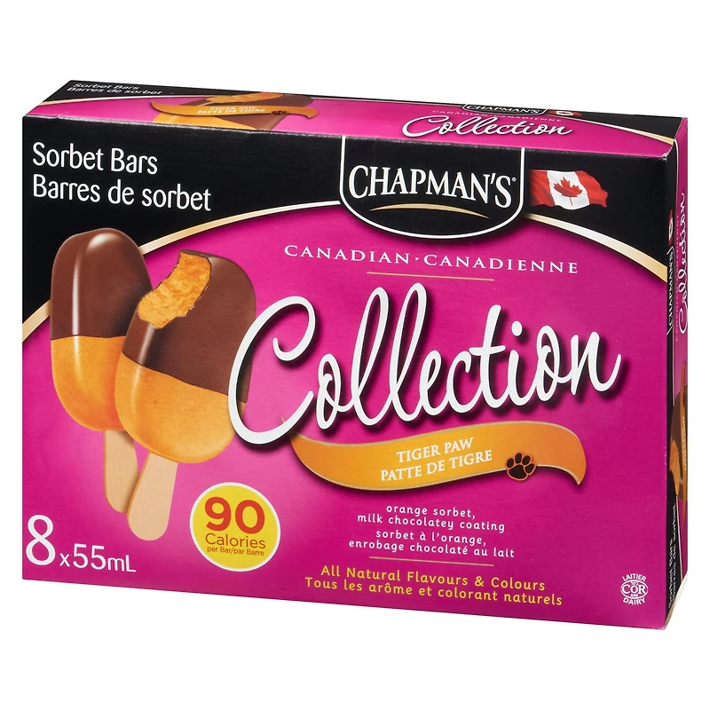 Chapman's Low Calorie Canadian Collection Tiger Paw Sorbet Bars in a Carton, 8 x 55mL