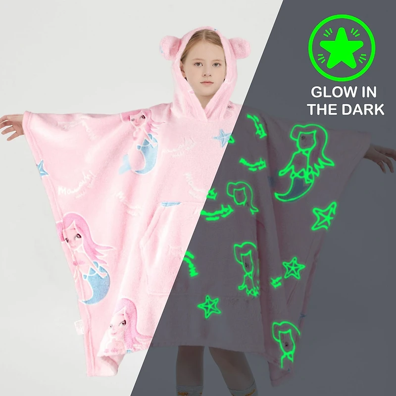 Sweat à capuche Marina Decoration phosphorescent pour enfants et filles, surdimensionné, en flanelle polaire douce et chaude, avec poche géante, 110 x 75 cm, rose sirène