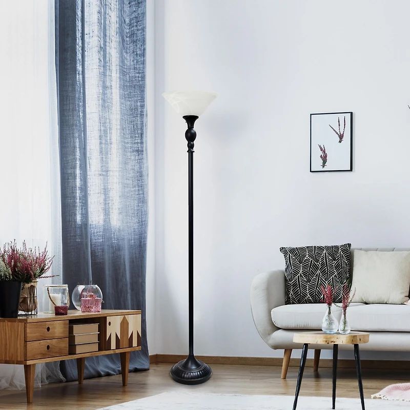 Lampadaire Torchiere Elegant Designs à 1 Lumière avec Abat-Jour en verre marbré blanc, bronze et blanc