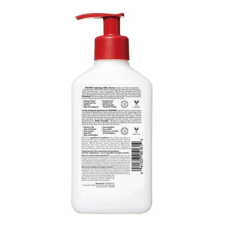 THAYERS Hydrating Milky Cleanser with Hyaluronic Acid and Snow Mushroom, Natural Facial Cleanser, For All Skin Types, 237mL, THAYERS Hydrating Milky Cleanser