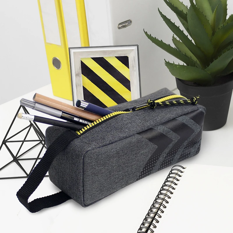 Pen+Gear Sporty 1 Zip Pencil Pouch, Grey Polyester, Yellow Zip and Pull Cord, College, Middle and High School