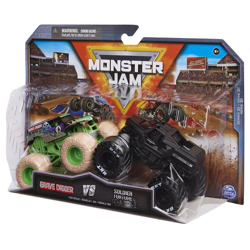 Monster Jam, Official Grave Digger Vs. Soldier Fortune Black Ops Die-Cast Monster Trucks, 1:64 Scale, Kids Toys for Boys Ages 3 and up