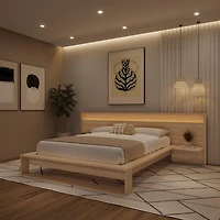Lido Queen Size Bedroom Set with Slatted Bedframe, Wide Headboard with Lights and Shelves
