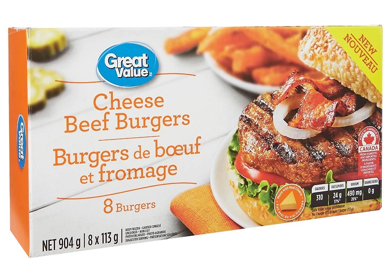Burgers de bœuf et fromage surgelés Great Value 8 x 113 g, 904 g
