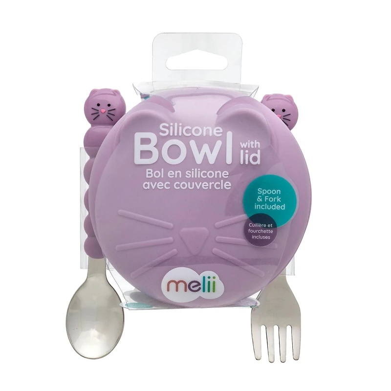 melii Bol en silicone avec couvercle et ustensiles - chat