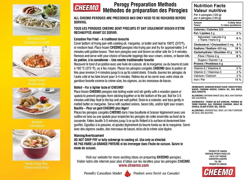 Cheemo Perogies pommes de terre et fromage cheddar 907 g