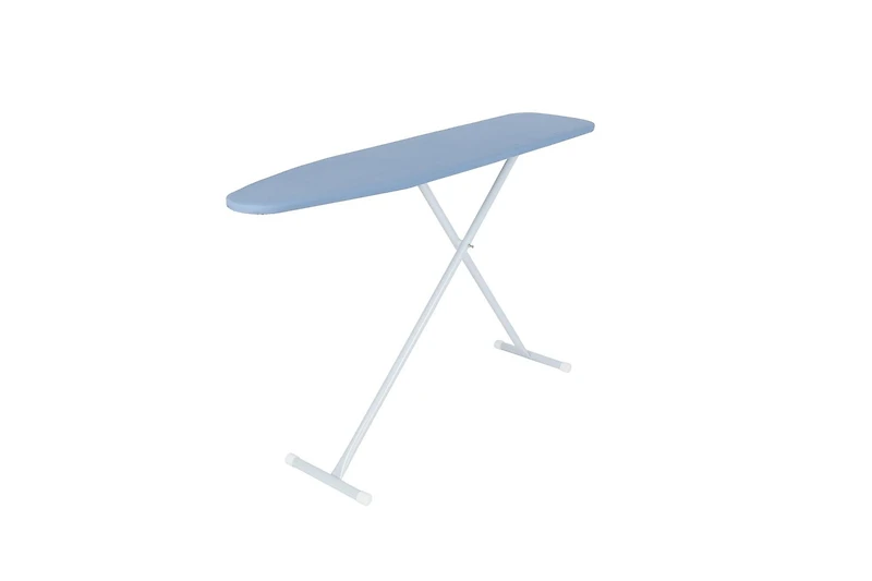 Mainstays Planche à repasser en T, Structure pliable pour un rangement facile, Pied en T pour une base de repassage stable et une suspension facile, autoportant Taille du produit assemblé :137,16 cmx33,02 cmx 68 cm-90 cm; Revêtement en poudre blanc et revêtement en tissu bleu