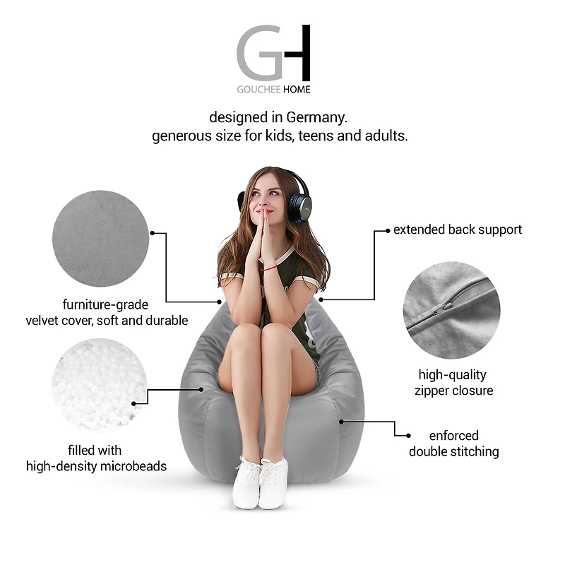 Fauteuil poire Gouchee Home Sambre mauve – Tissu polyester velours doux avec rembourrage en billes de polystyrène, adapté aux adultes et aux adolescents, siège léger et portable pour dortoir ou salon