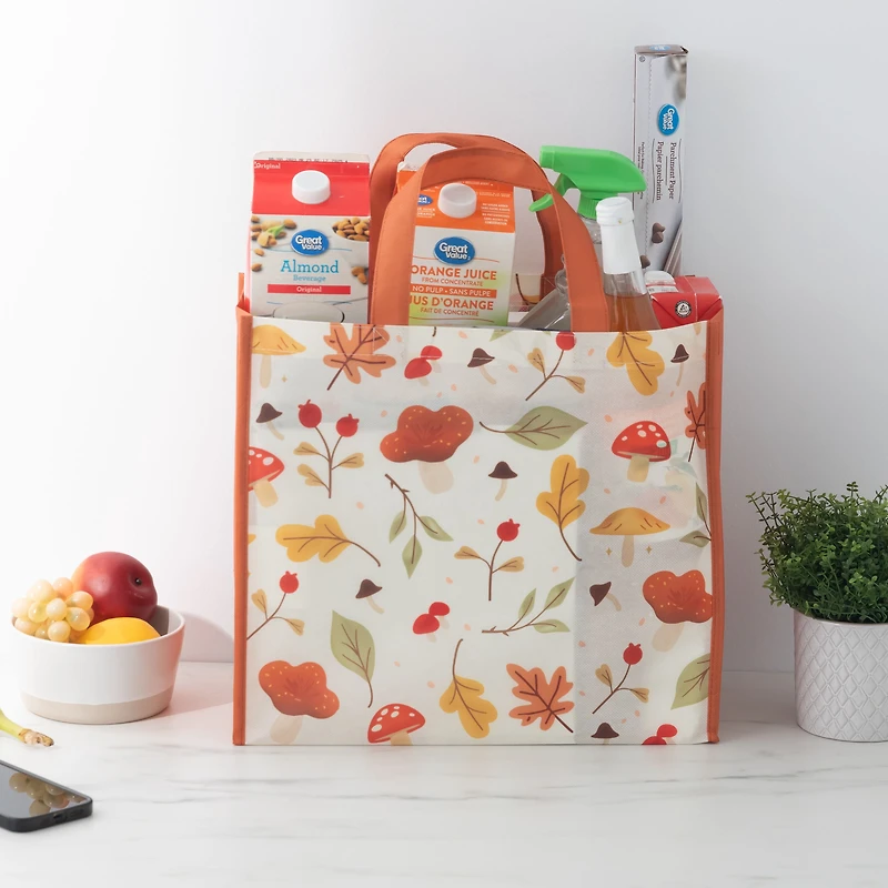 Reusable Shopping Grocery Bag, Seasonal Fall Tote Bag with Bottle Holder, Orange