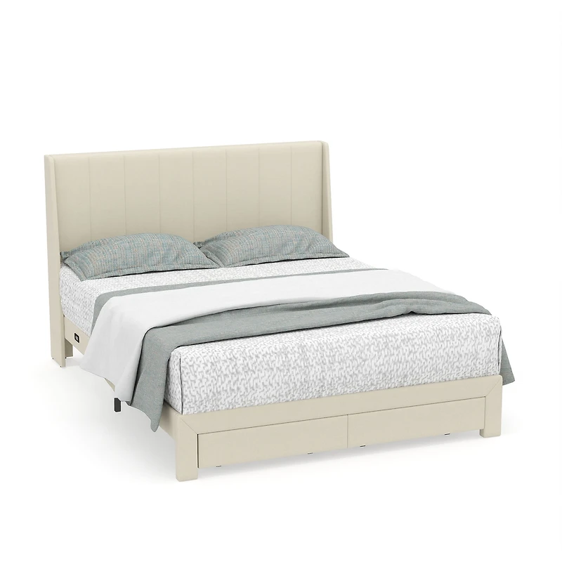 Lit plateforme rembourré Homy Casa avec ports USB et tiroirs de rangement, Queen, beige