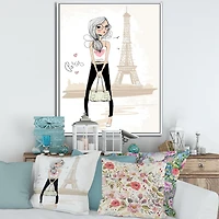 Designart Jolie fille près de la Tour Eiffel à Paris ART MURAL À CADRE FLOTTÉ