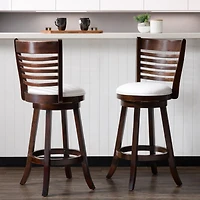 Lot de 2 tabourets de bar pivotants d'intérieur CorLiving Willa marron foncé avec assises en similicuir blanc et dossiers hauts à lattes horizontales