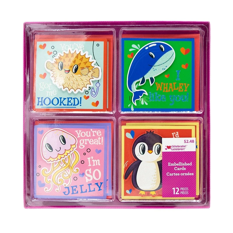Assorted Valentines Kiddie Cards, 12 count with Envelopes (Blowfish, Whale, JellyFish, Penguin)