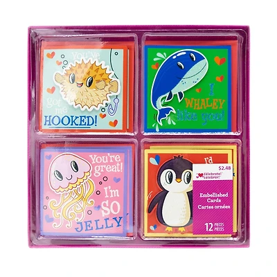 Assorted Valentines Kiddie Cards, 12 count with Envelopes (Blowfish, Whale, JellyFish, Penguin)