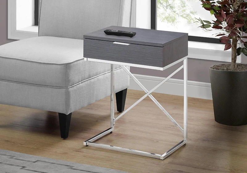 Monarch Specialties Accent Table, Side, End, Nightstand, Lamp, Storage Drawer, Living Room, Bedroom, Grey Laminate, Chrome Metal, Contemporary, Modern